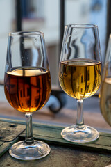 Sherry wine tasting, fino, olorosso, amontillado, cream jerez sherry fortified wine made from palomino white grape in bogedas in Jerez de la Frontera, Cadiz, Andalusia, Spain
