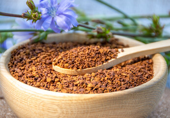 Ground chicory root on a wooden spoon and chicory flowers on a rustic wooden background. Alternative medicine. Healthy drinks. chicory drink