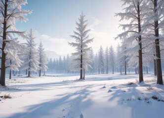 Obraz premium Serene winter landscape with snow-covered trees and a vast open space, cold weather, snow flakes