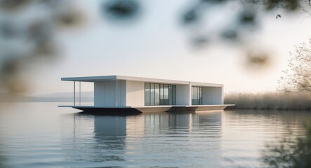 Modern Boathouse Design on Calm Water Background