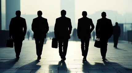 Obraz premium Business professionals walking silhouetted at dusk in urban environment business concept