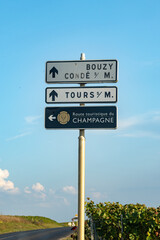 Obraz premium Road signes and places of destinations, Gran Cru villages, black road sign english translation: tourists route. Autumn in Champagne wine making region near Epernay, France. 