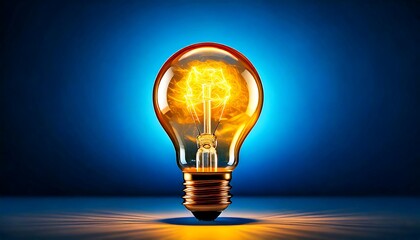 Glowing lightbulb radiates warm yellow light against a vibrant blue background creating a captivating ambiance. Generative AI