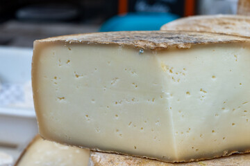 Farmer shop in Biarritz, France, Basque Country and Pyrenees sheep, cow and goat cheeses for sale, Tomme, Fermier Brebis, farmers cheese
