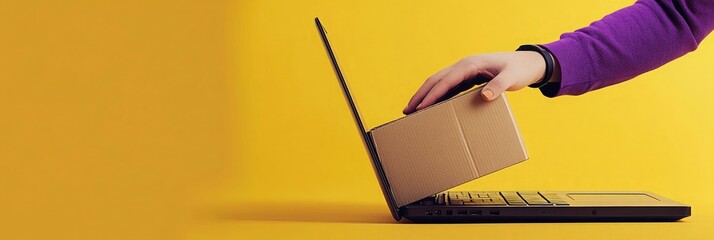 A person's hand emerging from an open laptop, holding and lifting a cardboard box with the other fingers resting on top of it, against a solid yellow background with purple accents