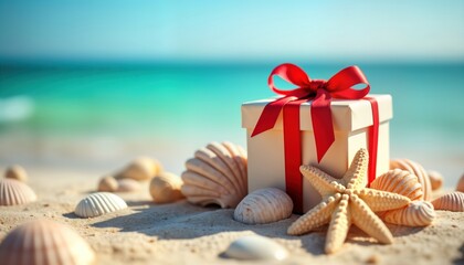 Fototapeta premium Gift box placed on sunny beach sand with seashells, starfish. Holiday presents popular gifts. Seashells, starfish add tropical theme. Gift for holiday vacation. Could birthday anniversary Christmas