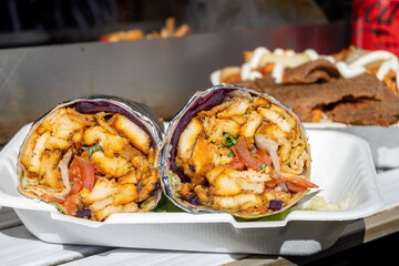 Street food, spicy chicken grilled shawarma or kebab on weekly food market in London