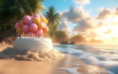 Tropical beach birthday cake sunrise.