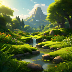 Green mountains with a little waterfall with different colors of flowers in the green forest illustration