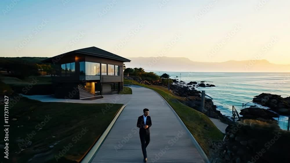 Poster man in a suit stands in front of a house with a view of the ocean. the house is large and has a mode