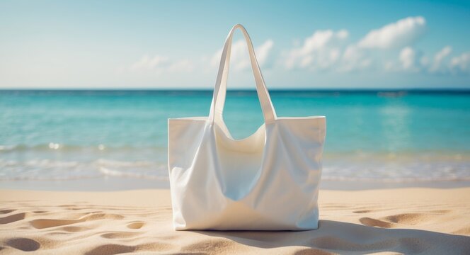 Relaxing day at the beach white tote bag on a sandy shore with turquoise ocean in background