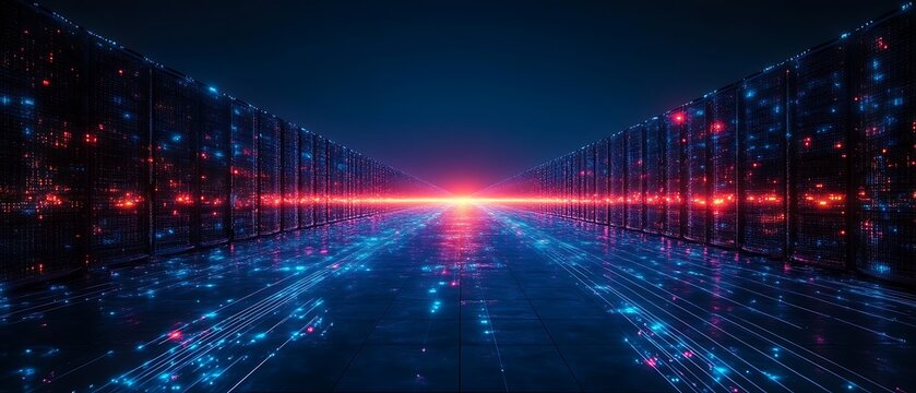 Futuristic data center with glowing servers and digital pathways.