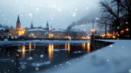 A snowy city with a river and a bridge