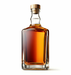 Full bottle of amber liquid in a clear, square-shaped glass bottle with a wooden cork.