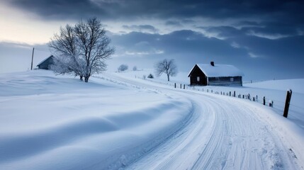 Obraz premium A snowy road with a house in the distance