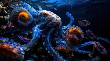 Obraz premium A blue octopus with orange spots is swimming in a coral reef