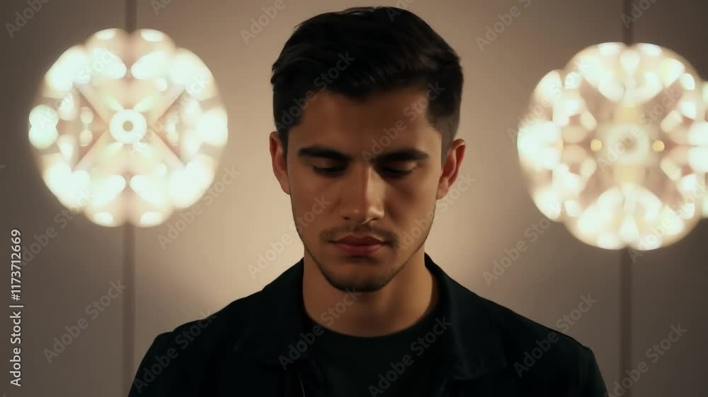 Aufkleber man stands in front of a wall of lighted glass sculptures. the sculptures are all different shapes a