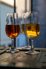 Sherry wine tasting, fino, olorosso, amontillado, cream jerez sherry fortified wine made from palomino white grape in bogedas in Jerez de la Frontera, Cadiz, Andalusia, Spain