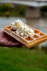 Tasty dessert, French or Luxembourg waffles with whipped cream close up eating outdoor in autumn