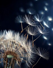 Dandelion seeds drifting serenely through the air against a dark background in soft focus. Generative AI