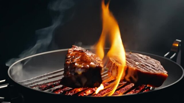 Two pieces of meat are cooking on a grill, with smoke rising from the grill. Concept of warmth and comfort, as the cooking process is a common and enjoyable activity for many people