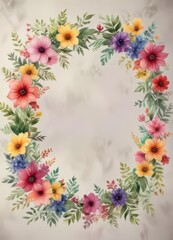 Fototapeta premium Watercolor floral garland with colorful blooms and leaves in a natural setting, floral wreath, flower garland