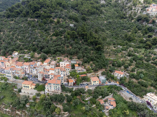 Fototapeta premium Aerial view on Italian Riviera from French-Italian border in Grimaldi village, Ventimiglia near San-Remo, travel destination, panoramic view from above