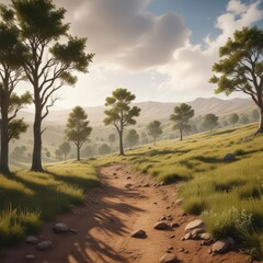 Obraz premium Trees stand tall in the distance amidst rolling hills, soothing, natural