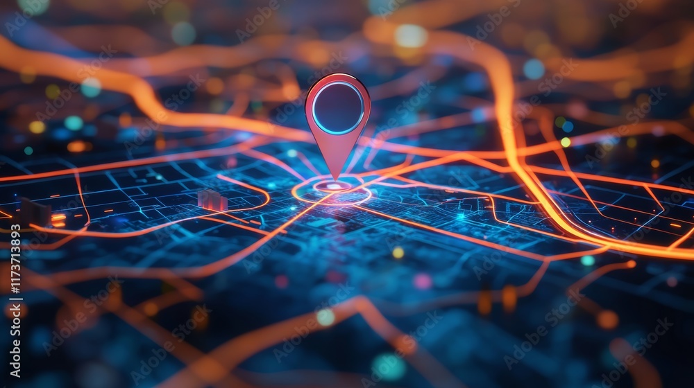 Aufkleber Glowing location pin showing destination on futuristic online map with highlighted streets and buildings, representing navigation, gps, and modern technology