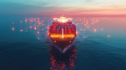 Fototapeta premium Container ship at sea with digital network links, digital trade network connection concept, global shipping industry 