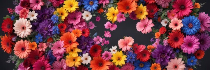 Fototapeta premium Vibrant colorful blooms in a circular pattern, floral, background