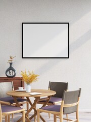 Horizontal frame mockup on a white wall, table with chairs and table decorations. 3D rendering, interior design, 3D illustration