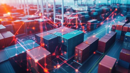 Obraz premium Container ship at sea with digital network links, digital trade network connection concept, global shipping industry