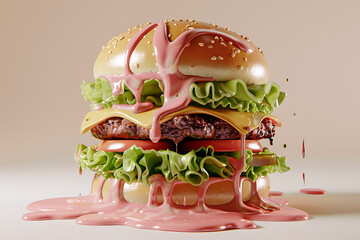 gourmet burger illustration, fun, vibrant d cartoon-style burger illustration with a juicy patty, melted cheese, lettuce, tomato, ketchup, and mustard on a clean white backdrop