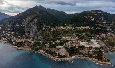 Aerial view on Italian Riviera and Mediterranean Sea from French-Italian border in Grimaldi...