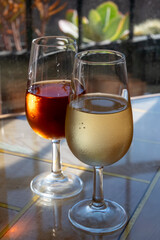 Sherry fino, manzanilla, olorosso wine, jerez fortified wine made from palomino white grape served in Jerez de la Frontera, Cadiz, Andalusia, Spain