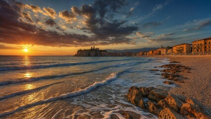Naklejka premium Coastal Village Sunset with Golden Waves