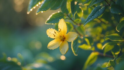 Fototapeta premium Dew Kissed Yellow Flower Blossom In Lush Green Foliage