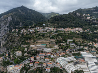 Aerial view on Italian Riviera from French-Italian border in Grimaldi village, Ventimiglia near...