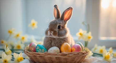 Cute bunny sitting in a basket with decorative eggs surrounded by flowers by a window in soft morning light