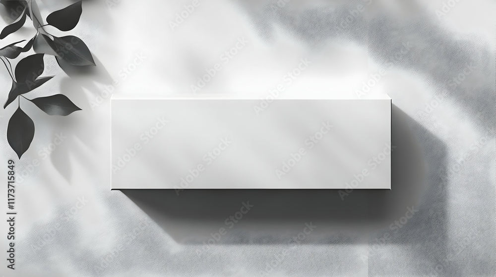 Poster white rectangular box mockup on textured fabric with dark leaves. the box is centered, offering a cl