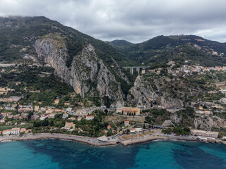 Aerial view on Italian Riviera and Mediterranean Sea from French-Italian border in Grimaldi...