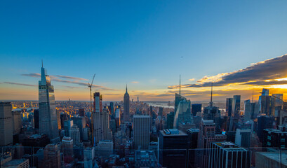 Manhattan skyline seen from above at sunset