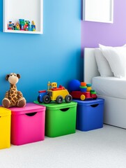 Colorful Bins Filled with Childrens Toys - Organized playroom, colorful storage bins, toys, happy child, playful learning.