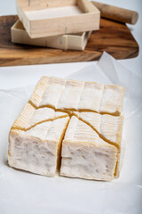 French squared pont l'eveque cow cheese from Calvados department, Normandy, France