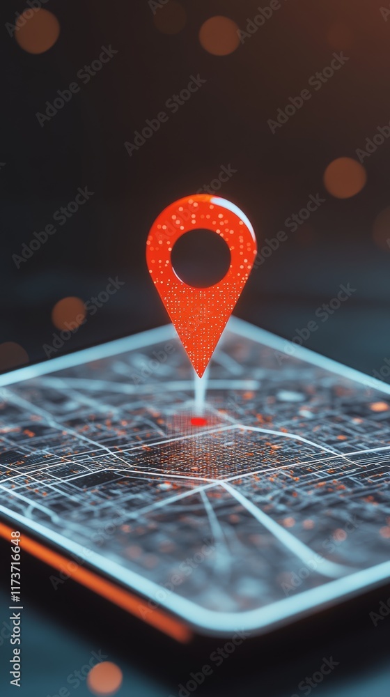 Poster red location pin hovers over a futuristic, glowing city map displayed on a mobile device, suggesting