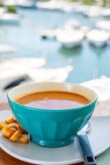 Homemade tasty fish or bisque soup with croutons and view on yacht boats and houses of Port Grimaud, French Riviera, France. Food of Provence