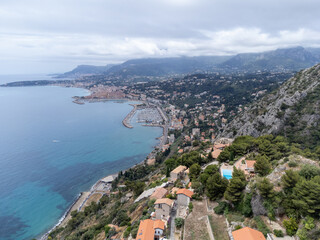 Aerial view on French Riviera, Menton, Monte-Carlo and Monaco and Mediterranean Sea from...