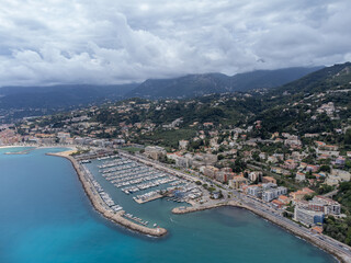 Aerial view on French Riviera, Menton, Monte-Carlo and Monaco and Mediterranean Sea from French-Italian border in Ventimiglia, travel destination, panoramic view from above