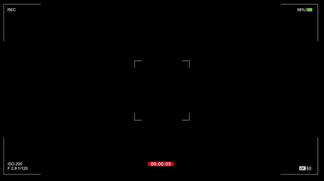 Animation overlay on digital camera and mobile phone screen. Camera viewfinder screen overlay lasting one minute. Stock video of camcorder viewfinder.